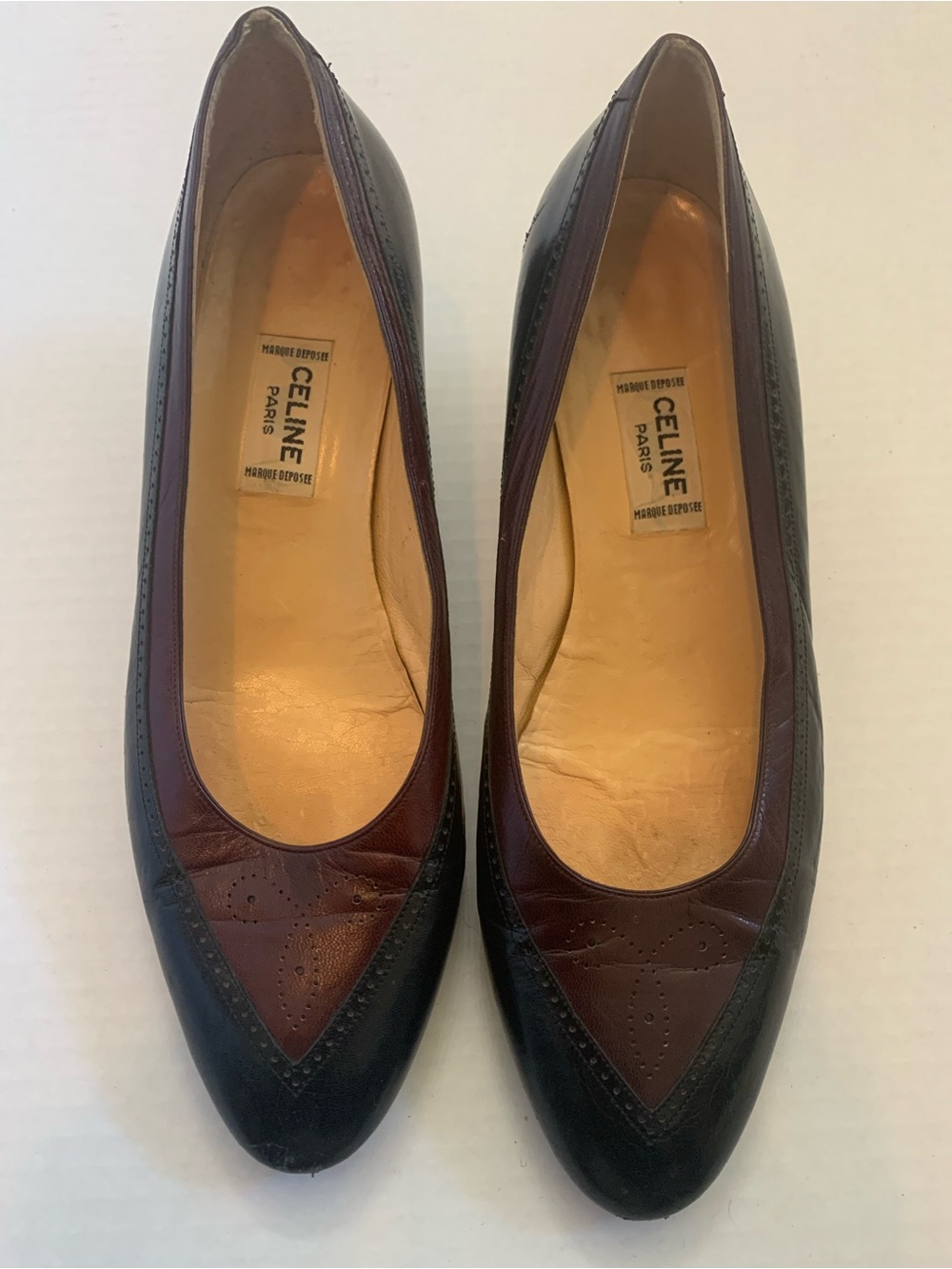 Celine Vintage Two-Tone Black and Burgundy Leather Pumps